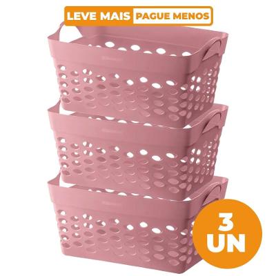 Kit 3 Cestos Organizadores Retangular Plástico Rosa 22L Moolti Sanremo