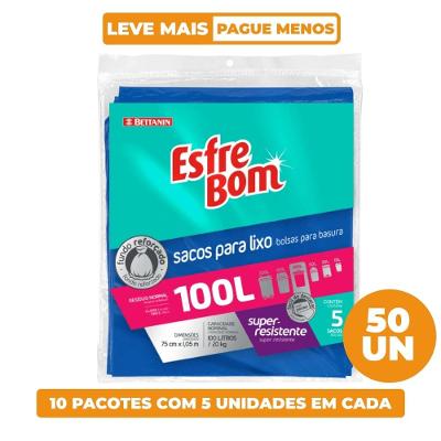 Kit Saco de Lixo Fundo Reforçado Azul 100L EsfreBom 50 Unidades
