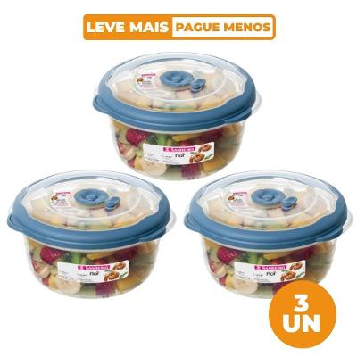 Kit 3 Potes Plásticos Redondos Herméticos Azul 1,1L Flor Sanremo