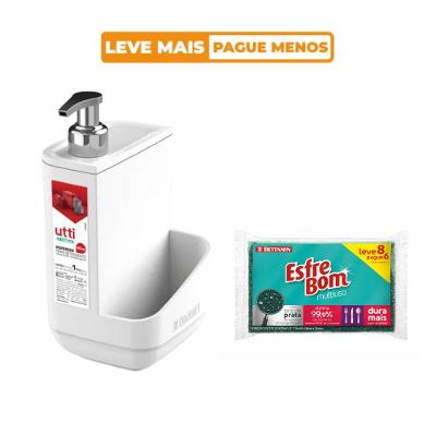 Kit Porta Detergente 550ml Branco Utti Ordene + 8 Esponjas EsfreBom Multiuso