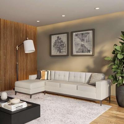Sofá 4 Lugares Surprised com Chaise Esquerdo Pés e Base em Madeira Linho Cotton Cru