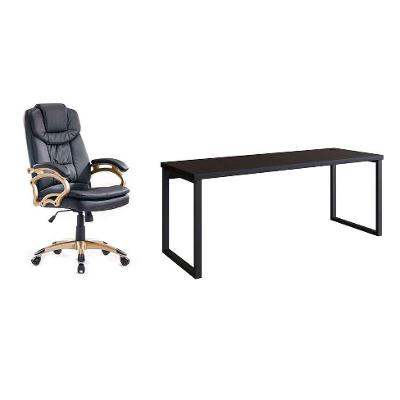 Conjunto de Mesa Miguel 190 cm com Cadeira de Escritório Presidente Giratória com Relax Clark Preta e Dourada