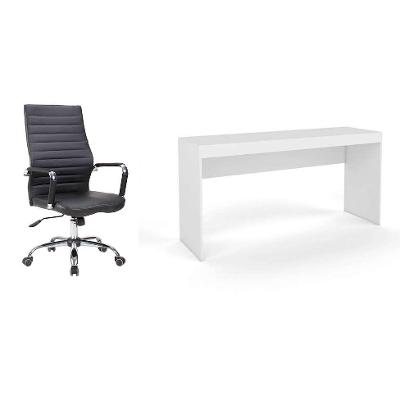 Conjunto de Mesa Marselha Branca com Cadeira de Escritório Diretor Giratória Cleaner Preta