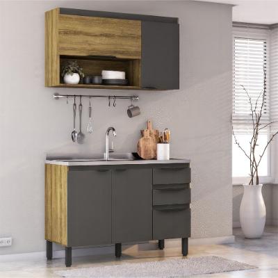 Cozinha Compacta Magnólia com Armário Aéreo 4 PT 3 GV Mel e Grafite