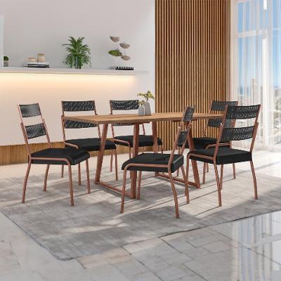 Conjunto de Mesa Retangular com Tampo de MDP Marrom Claro Atlanta e 6 Cadeiras Atenas Revestimento Sintético Preto e Cobre