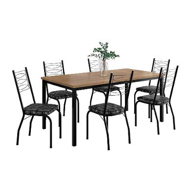 Conjunto de Mesa Retangular com Tampo de MDP Amadeirado e 6 Cadeiras Adriana Revestimento Sintético Silver e Preto