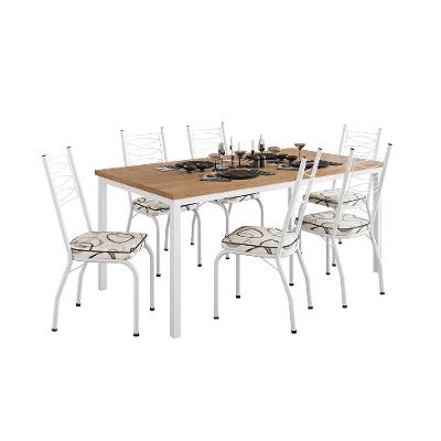 Conjunto de Mesa Retangular com Tampo de MDP Amadeirado e 6 Cadeiras Adriana Revestimento Sintético Cedro e Branco