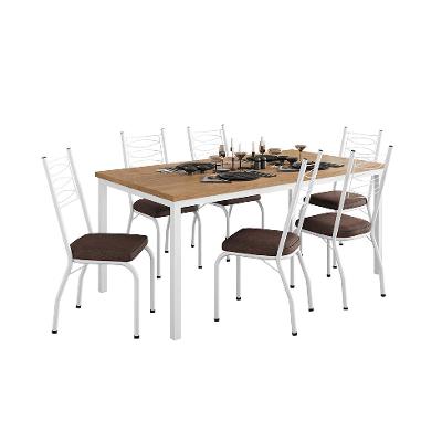 Conjunto de Mesa Retangular com Tampo de MDP Amadeirado e 6 Cadeiras Adriana Revestimento Sintético Imbuia e Branco