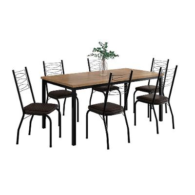 Conjunto de Mesa Retangular com Tampo de MDP Amadeirado e 6 Cadeiras Adriana Revestimento Sintético Cacau e Preto