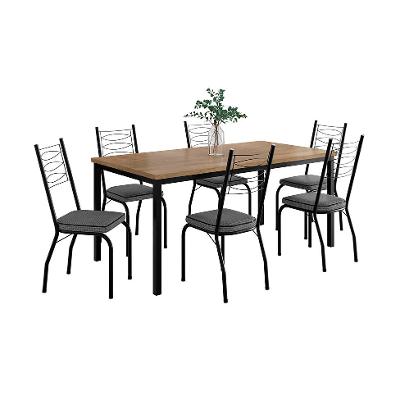 Conjunto de Mesa Retangular com Tampo de MDP Amadeirado e 6 Cadeiras Adriana Revestimento Sintético Platina e Preto