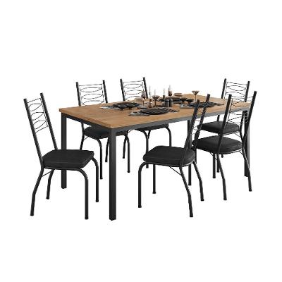 Conjunto de Mesa Retangular com Tampo de MDP Amadeirado e 6 Cadeiras Adriana Revestimento Sintético Preto