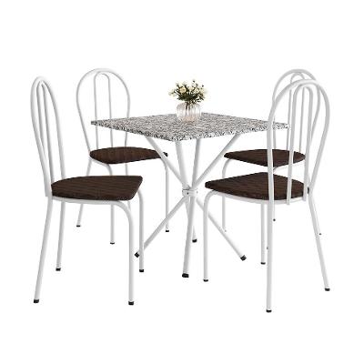 Conjunto de Mesa Quadrada com Tampo Granito e 4 Cadeiras Léia Revestimento Sintético Branco e Cacau