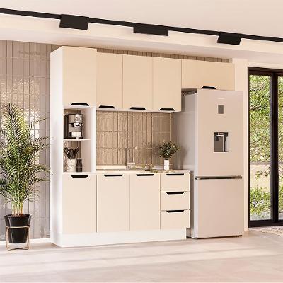 Cozinha Compacta Sem Tampo com Rodapé Meena 8 Portas 3 Gavetas Creme e Branca