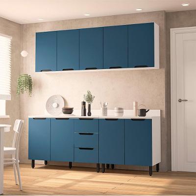 Cozinha Completa com Tampo Meena 9 Portas 3 Gavetas Azul e Branca