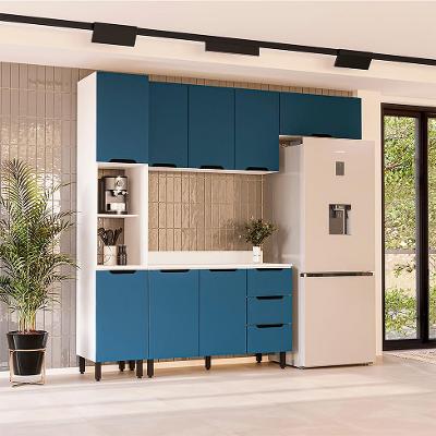 Cozinha Completa com Tampo Meena 8 Portas 3 Gavetas Azul e Branca