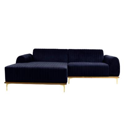 Sofá 3 Lugares Molino com Chaise Esquerdo Veludo Azul Marinho e Dourado