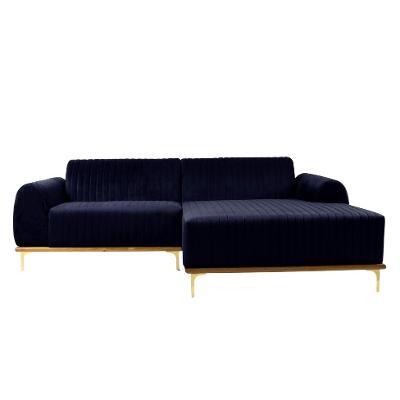 Sofá 3 Lugares Molino com Chaise Direito Veludo Azul Marinho e Dourado