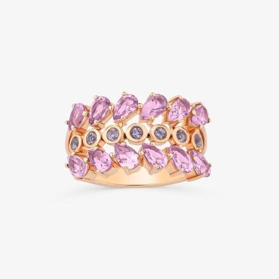 Anel Triplo com Rose de France e Iolita em Prata 925 com Banho de Ouro Rosé 18k