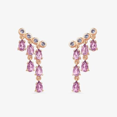 Brinco Cascata com Rose de France e Iolita em Prata 925 com Banho de Ouro Rosé 18k