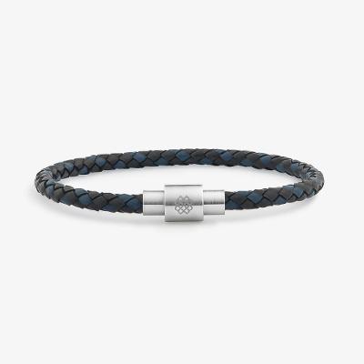 Pulseira Masculina de Couro Preto e Azul em Aço