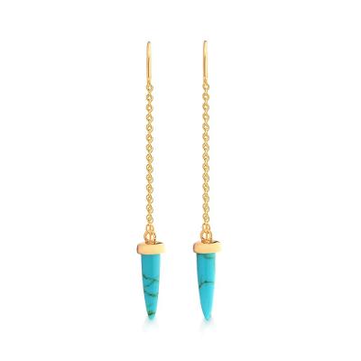 Brinco Dente de Sabre com Cristal Turquesa em Prata 925 com Banho de Ouro Amarelo 18k