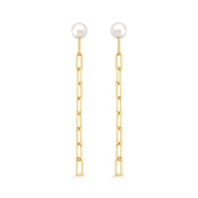 Brinco com Pérola e Corrente em Prata 925 com Banho de Ouro Amarelo 18k