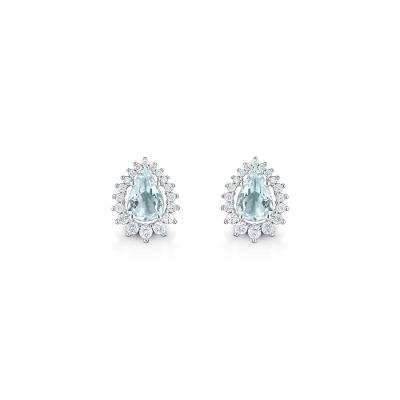 Brinco Gota com Água Marinha e Diamantes em Ouro Branco 18k