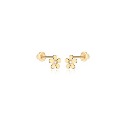Brinco Infantil Flor com 2 pontos de Diamantes em Ouro Amarelo 18k