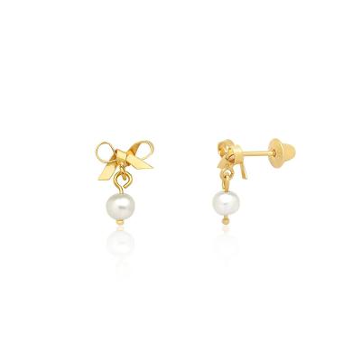 Brinco Infantil Laço com Pérolas em Ouro Amarelo 18k