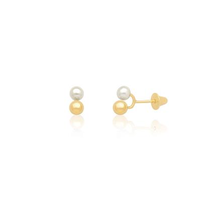 Brinco Infantil com Esfera e Pérola em Ouro Amarelo 18k