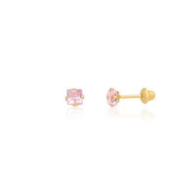 Brinco Infantil com Zircônia Rosa em Ouro Amarelo 18k
