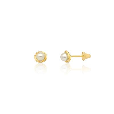 Brinco Infantil Flor com Pérolas em Ouro Amarelo 18k