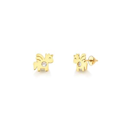 Brinco Infantil Unicórnio com Zircônia em Ouro Amarelo 18k