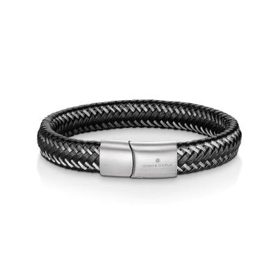 Pulseira Masculina Couro Trançado Preto/Cinza em Aço - 22 cm