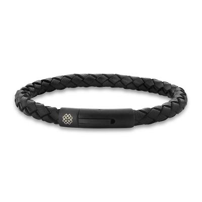 Pulseira Masculina de Couro Preto Trançado em Aço - 20 cm