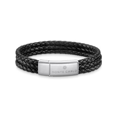 Pulseira Masculina Tripla de Couro Trançado em Aço - 21,5 cm