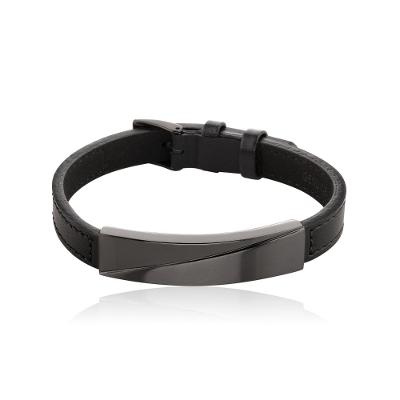 Pulseira Masculina Couro Preto Placa Fosca/Polida em Aço - Ajustável