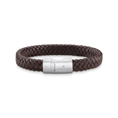 Pulseira Masculina Couro Marrom Trançado em Aço - 21 cm