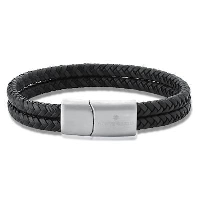 Pulseira Masculina Dupla de Couro Trançado Preto/Marrom em Aço - 21 cm