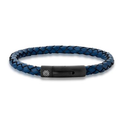 Pulseira Masculina de Couro Azul Trançado em Aço - 20 cm