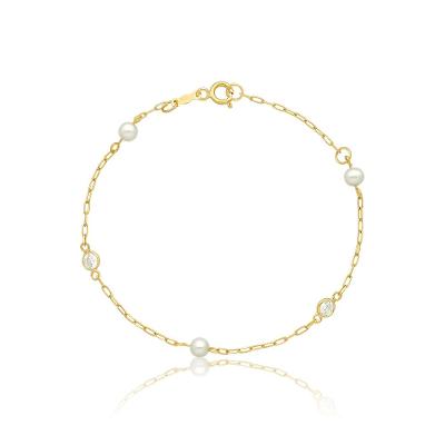 Pulseira Infantil com Pérolas e Zircônia em Ouro Amarelo 18k -  15 cm