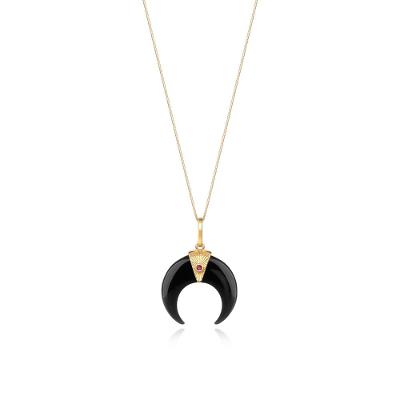 Pingente Chifre Italiano com Rubi em Quartzo Negro e Ouro Amarelo 18k