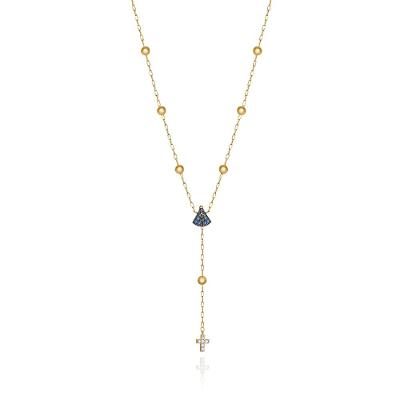 Colar Terço Nossa Senhora Aparecida com Safira e 3 Pontos de Diamantes em Ouro Amarelo 18k