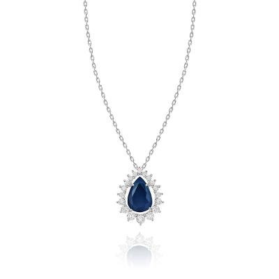 Pingente em Gota com Safira e Diamantes em Ouro Branco 18k