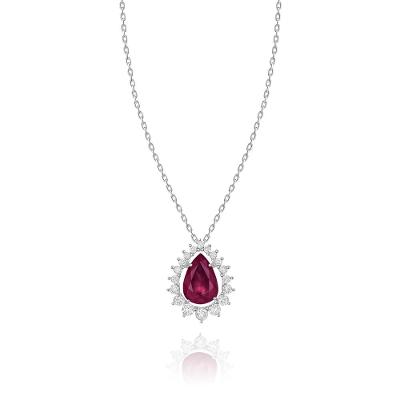 Pingente em Gota com Rubi e Diamantes em Ouro Branco 18k