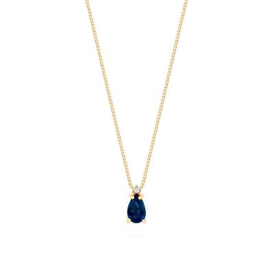 Pingente em Gota com Safira e Diamante em Ouro Amarelo 18k