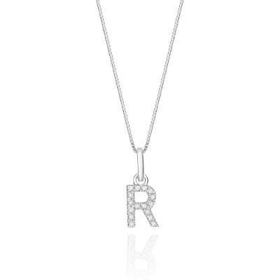 Pingente Letra R com Diamante em Ouro Branco 18k