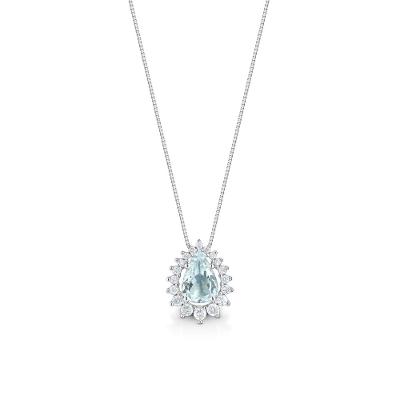 Pingente Gota com Água Marinha e Diamantes em Ouro Branco 18k