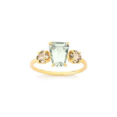 Anel com Prasiolita e quartzo fumê, em Ouro Amarelo 18k
