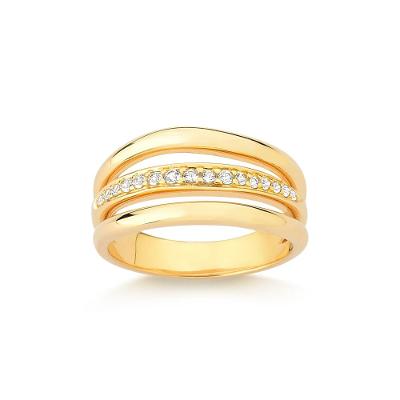 Anel Triplo Orgânico com Topázio Incolor em Prata 925 com Banho de Ouro Amarelo 18K